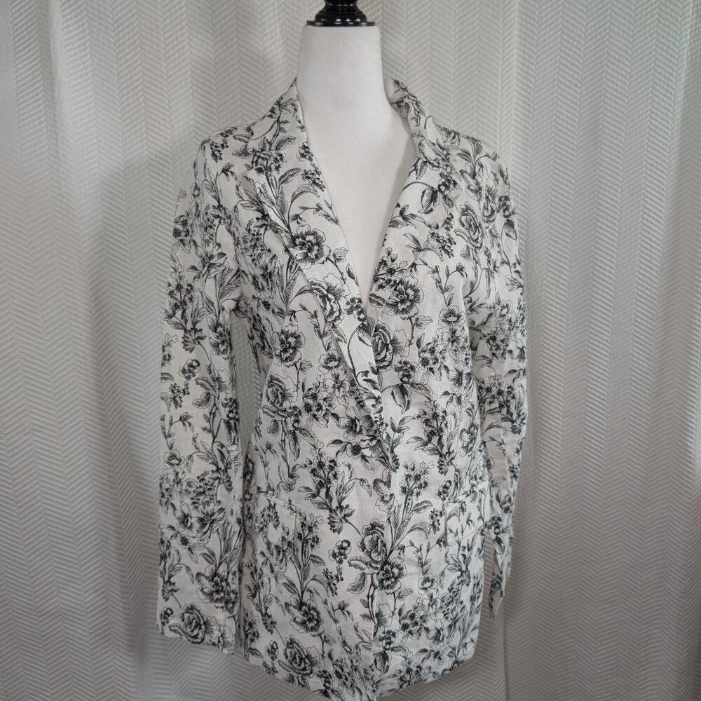 Joie 100% Linen Floral Print Blazer Black & White Size Small Office Coastal
